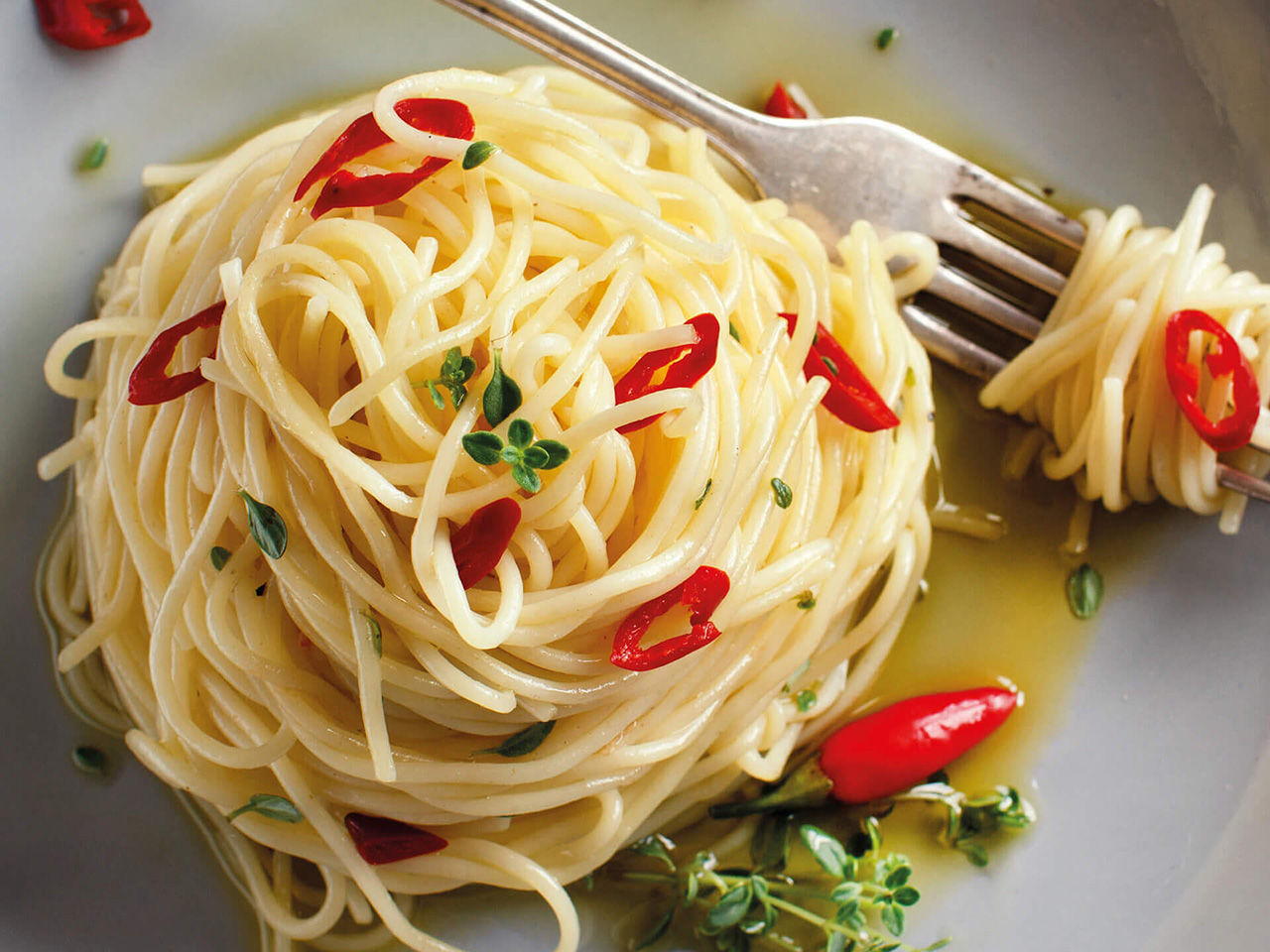 Spaghetti mit Knoblauch, Olivenöl und Chili